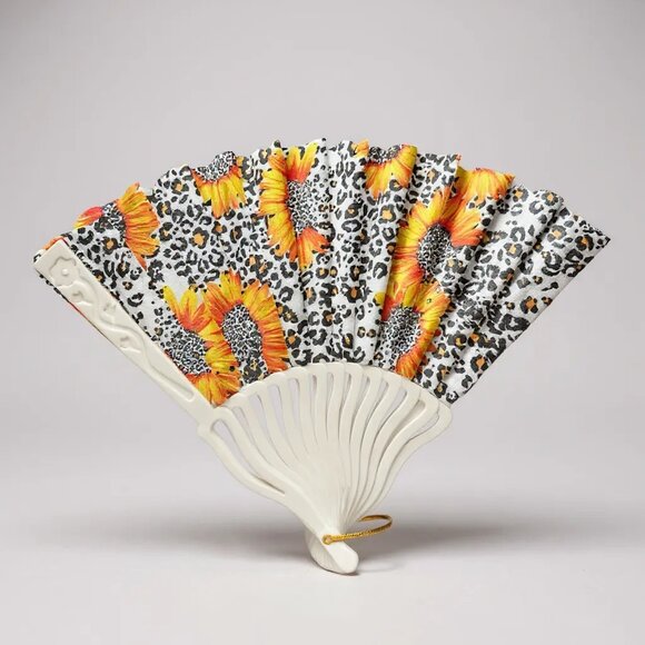 Sunflower & Leopard Print Folding Hand Fan – White Background - Picture 1 of 3